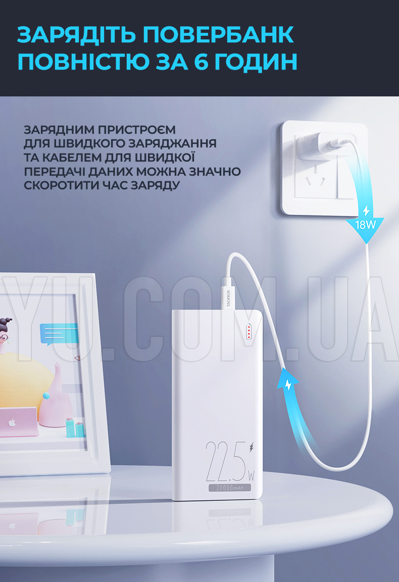 Зовнішній акумулятор (power bank) 20000мАг Romass 22.5W з підтримкою швидкої зарядки та індикатором батареї Зовнішній акумулятор (power bank) 20000мАг Romass 22.5W з підтримкою швидкої зарядки та індикатором батареї